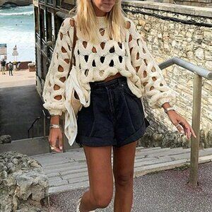 Apricot Casual Women's Beach Skeleton Weave Long Sleeve Cowl Sweater Pullover